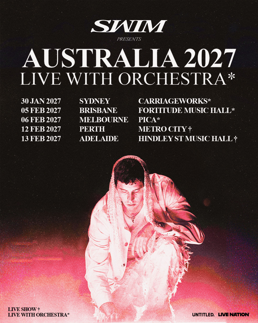 SWIM Australia 2027 "Live with Orchestra" concert tour poster featuring a central artist portrait and capital city tour dates